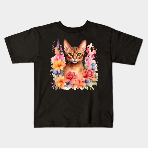 An abyssinian cat decorated with beautiful watercolor flowers Kids T-Shirt by CreativeSparkzz